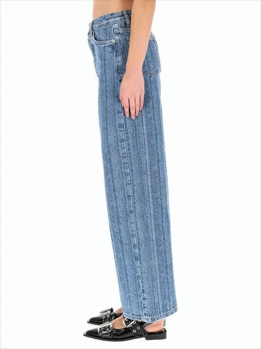 Wide-Leg Denim Pants with Vertical Striped Pattern