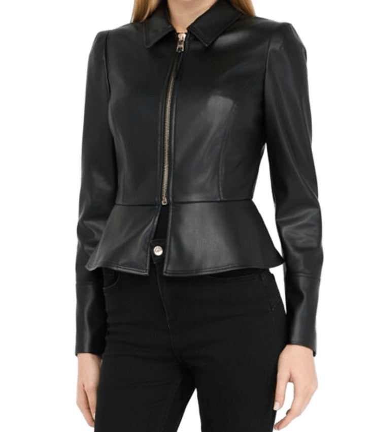 Coated Fabric Peplum Jacket With Zip Cuffs And Metal Logo