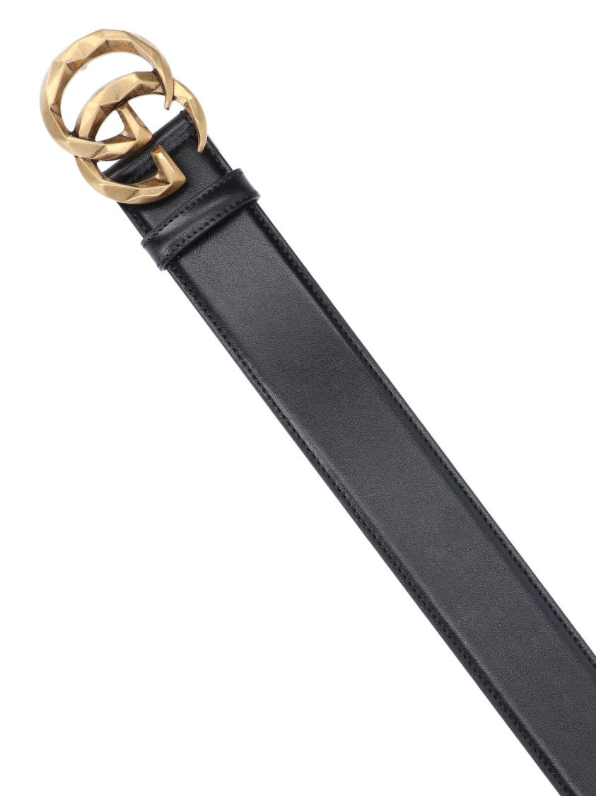 Wide Black Leather Belt With Gold Double G Buckle