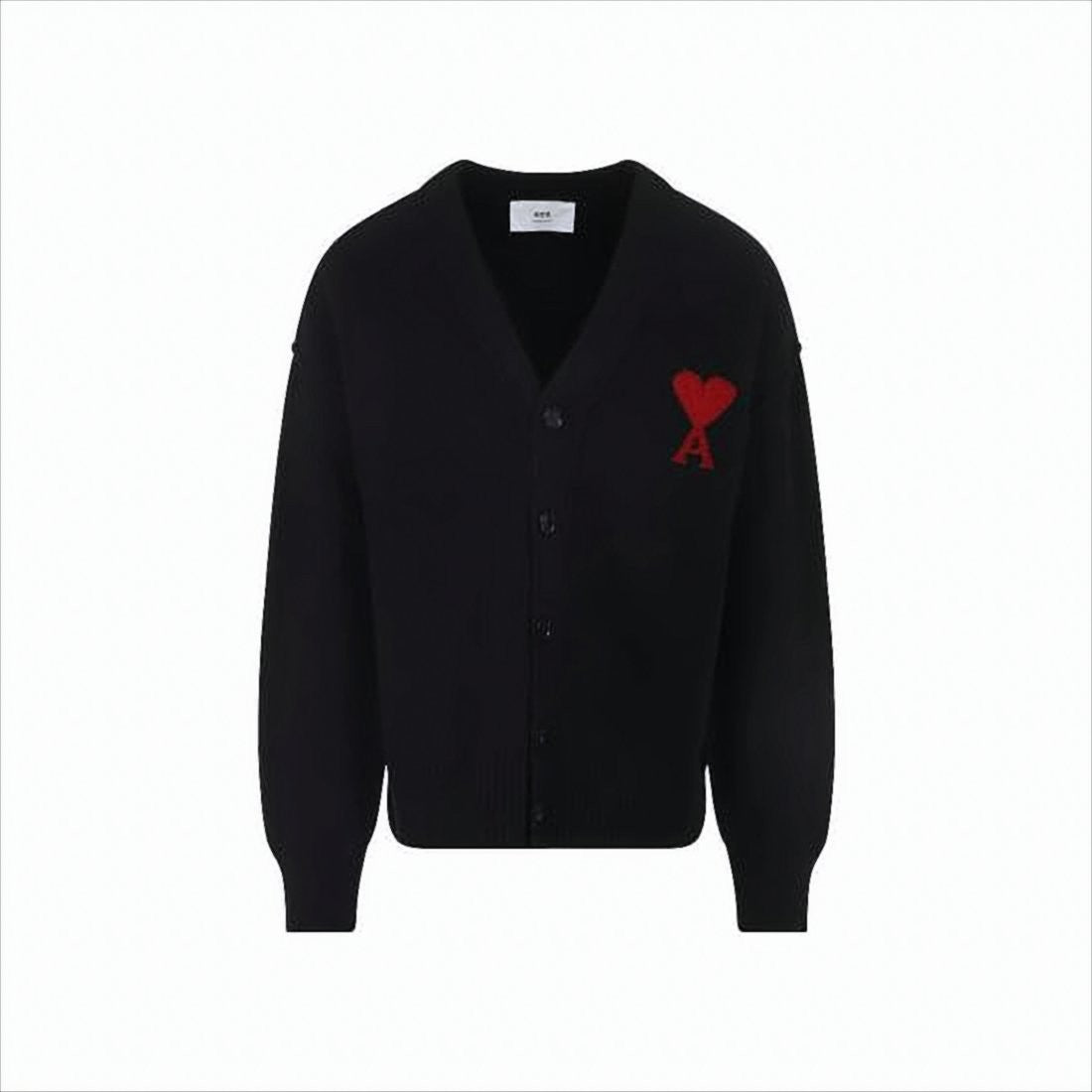 V-Neck Button-Down Wool Cardigan with Heart Embroidery