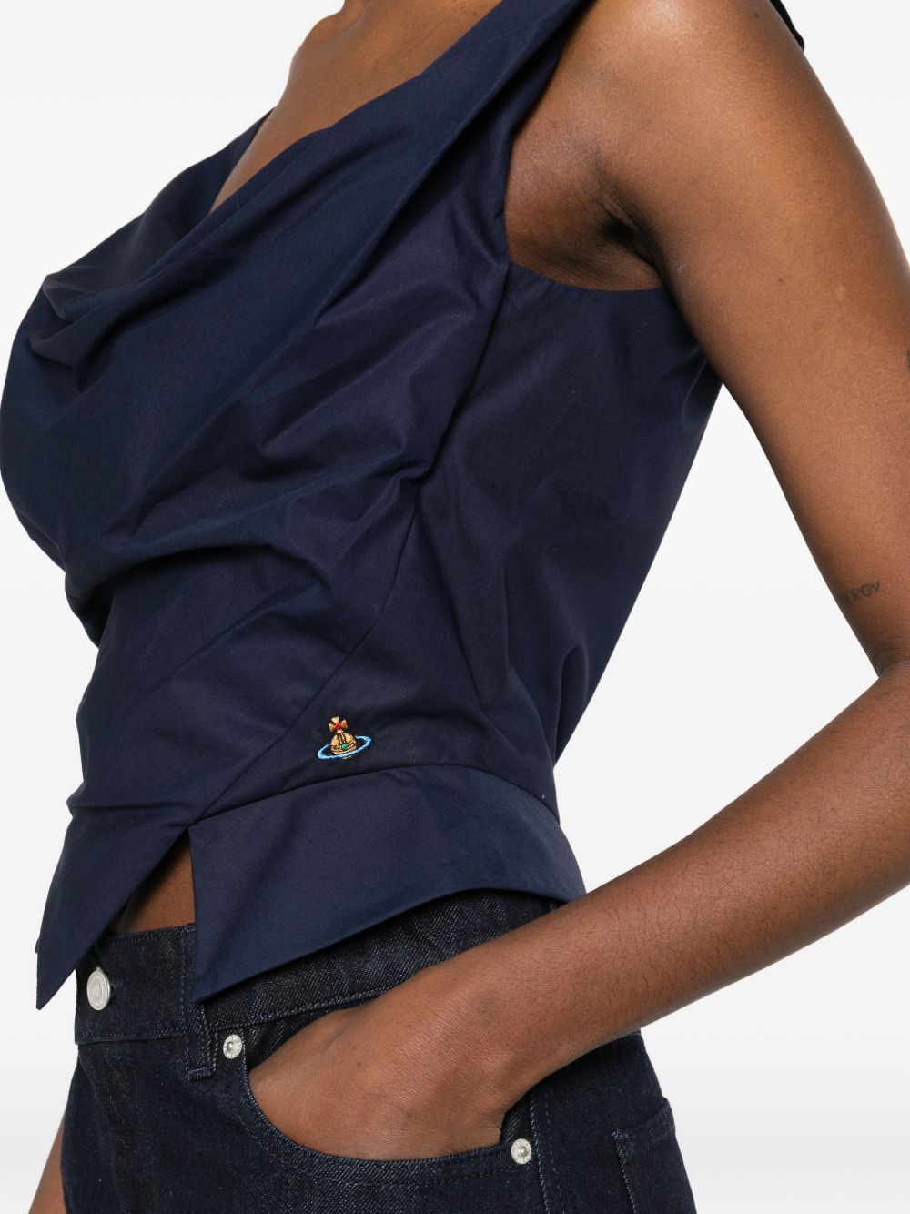Sleeveless Blue Top With Draped Cowl Neckline And Pointed Hem