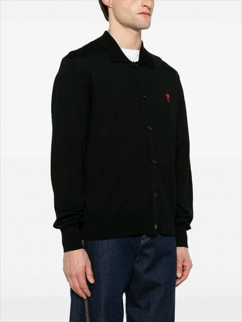 Button-Up Black Wool Cardigan with Classic Collar