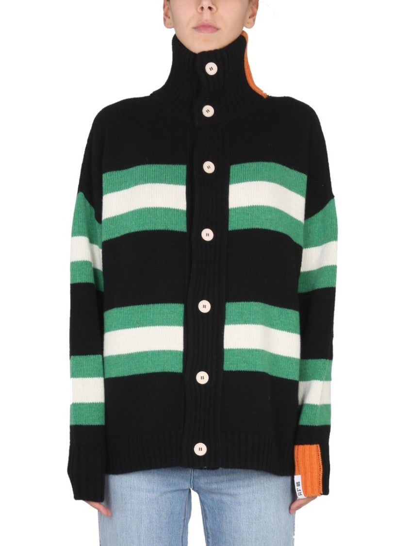 High Neck Button Closure Striped Cardigan