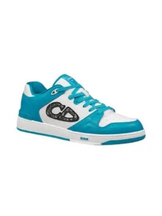 Turquoise and White Calf Leather Low-Top Sneakers