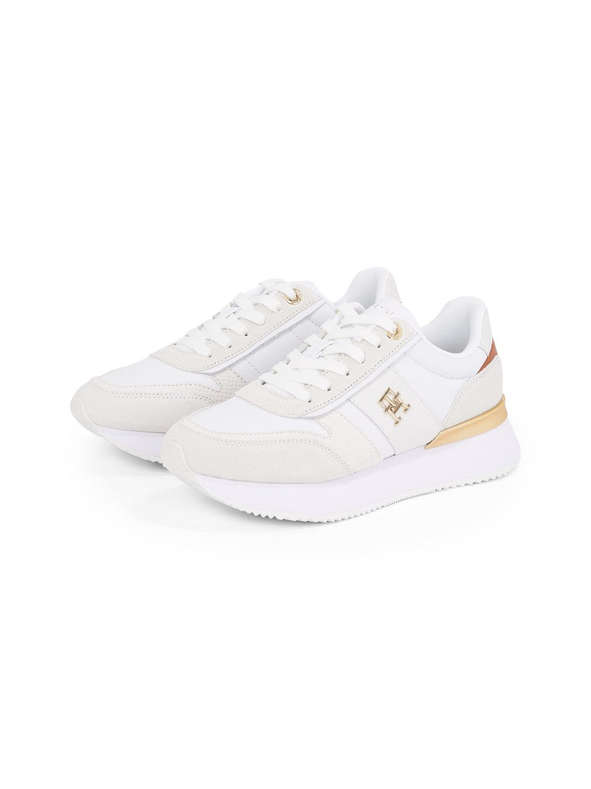 Białe Skórzane Sneakersy Z Zamszowymi Detalami I Złotymi Akcentami