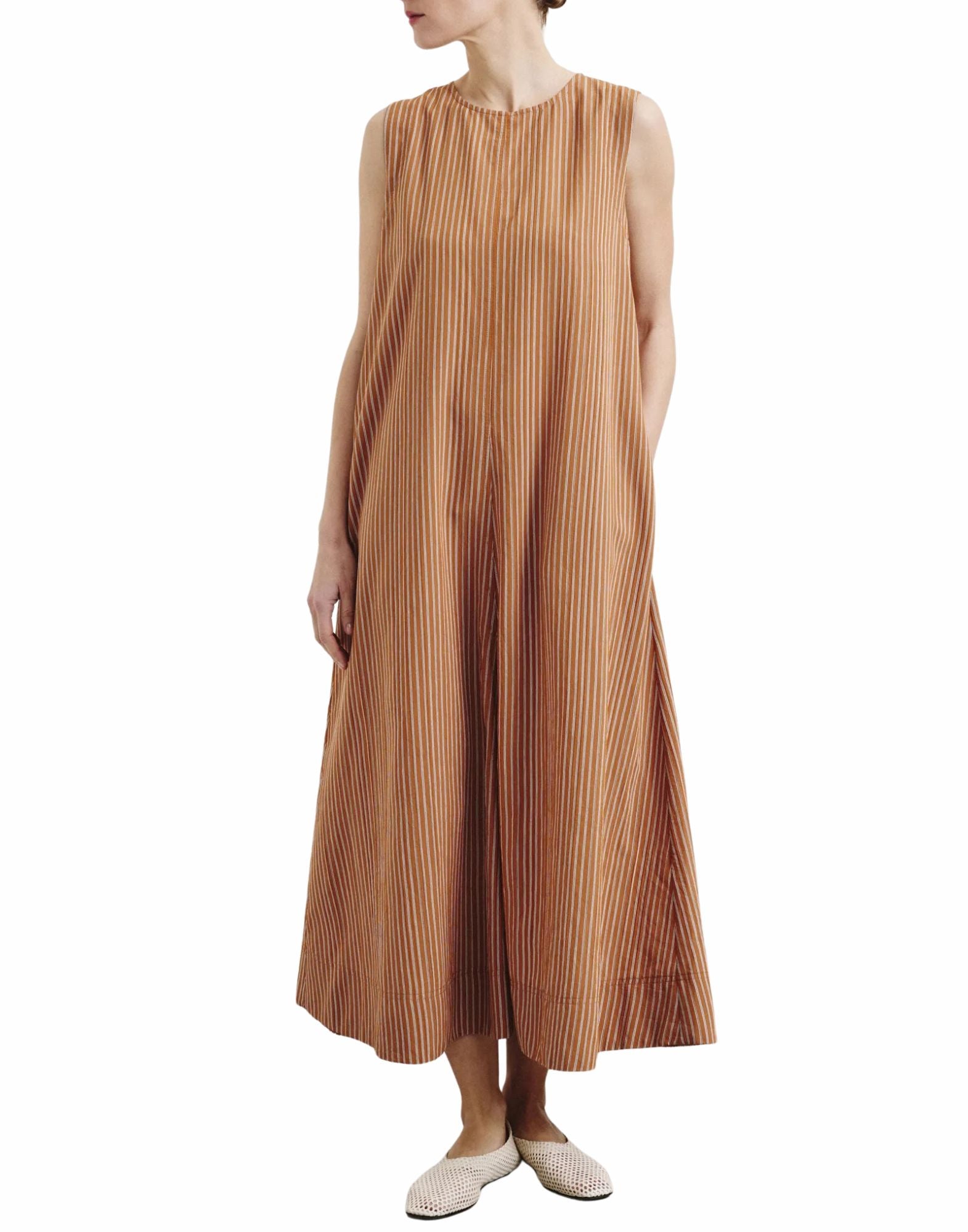 Long Striped Technical Viscose Dress In Apricot