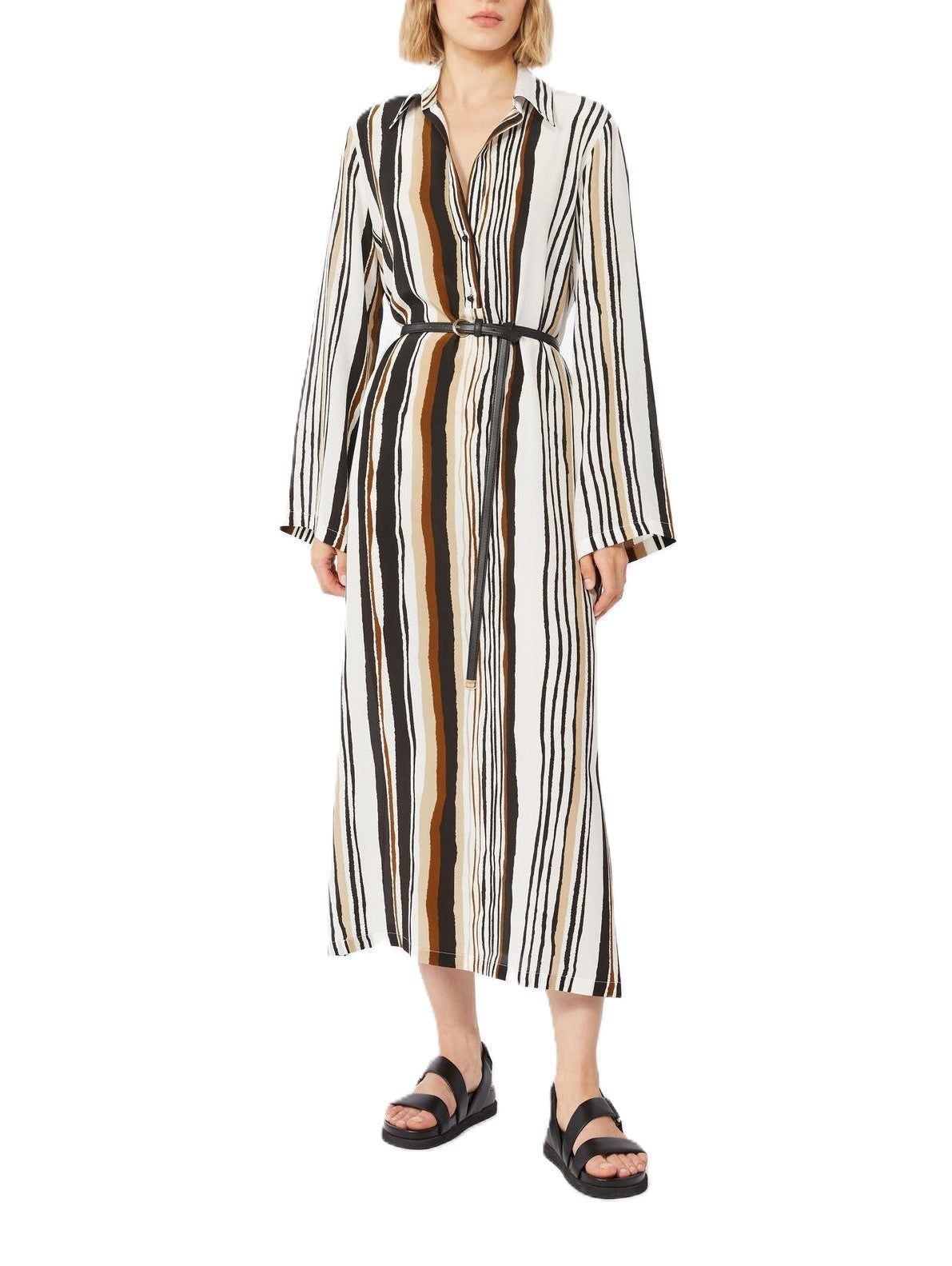 Long-Sleeved Midi Dress with Vertical Striped Pattern