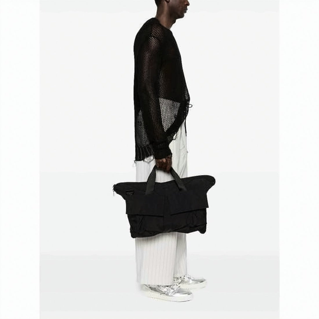 Black Tote Bag with Drawstring Flap Pockets