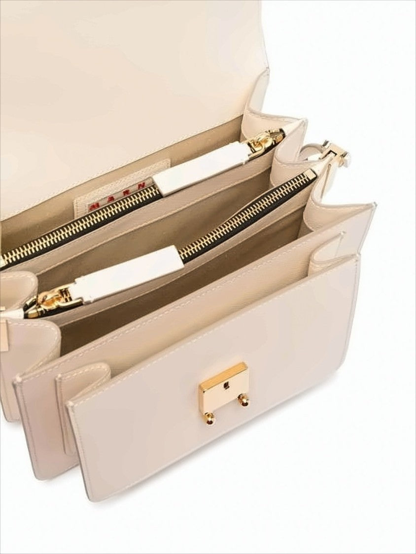 Structured White Calf Leather Shoulder Bag with Gold-Tone Clasp