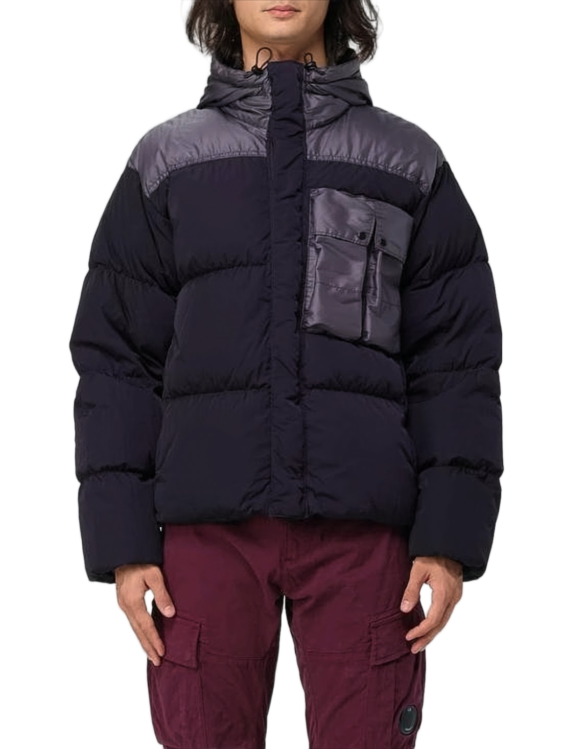 Quilted Black Padded Jacket With High Collar And Hood