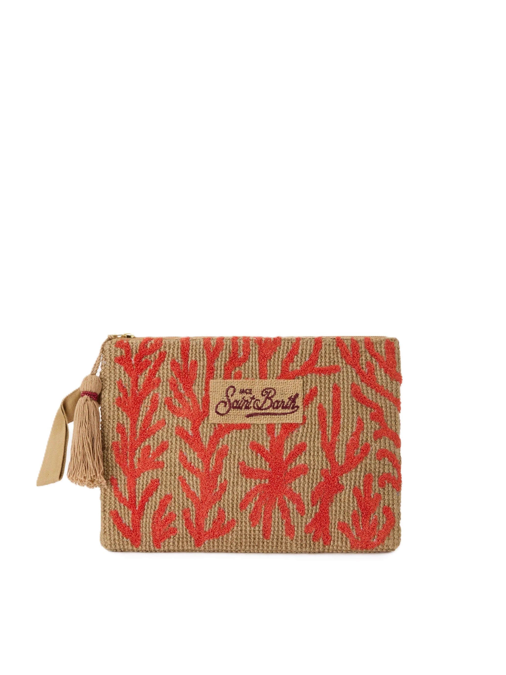 Textured Rectangular Clutch Bag with Coral Embroidery
