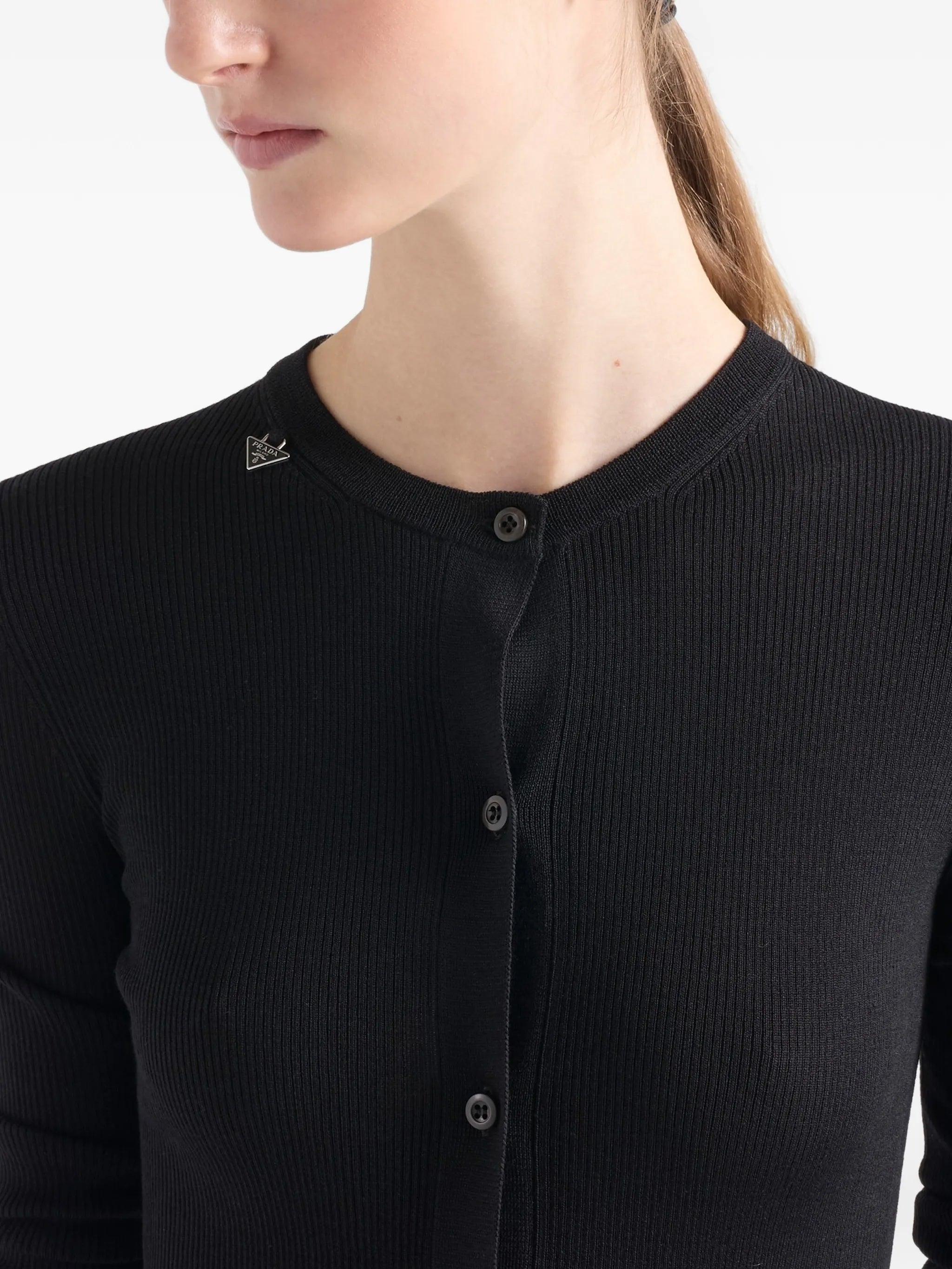 Black Superfine Wool Ribbed Cardigan