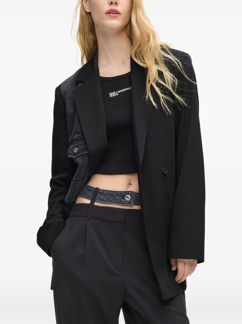 Tailored Black Blazer with Contrasting Denim Patch Detail