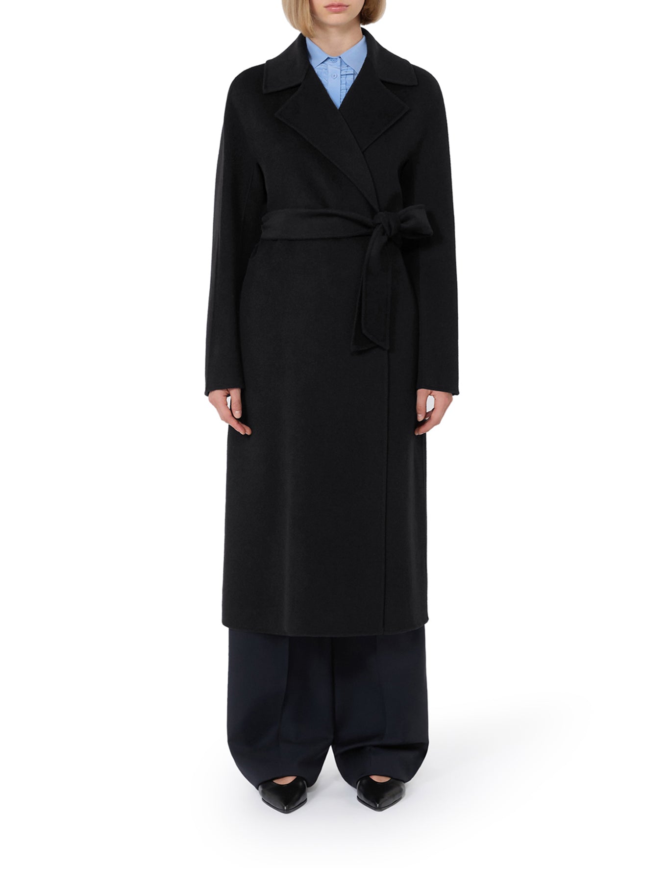 Knee-Length Black Coat with Wrap Design