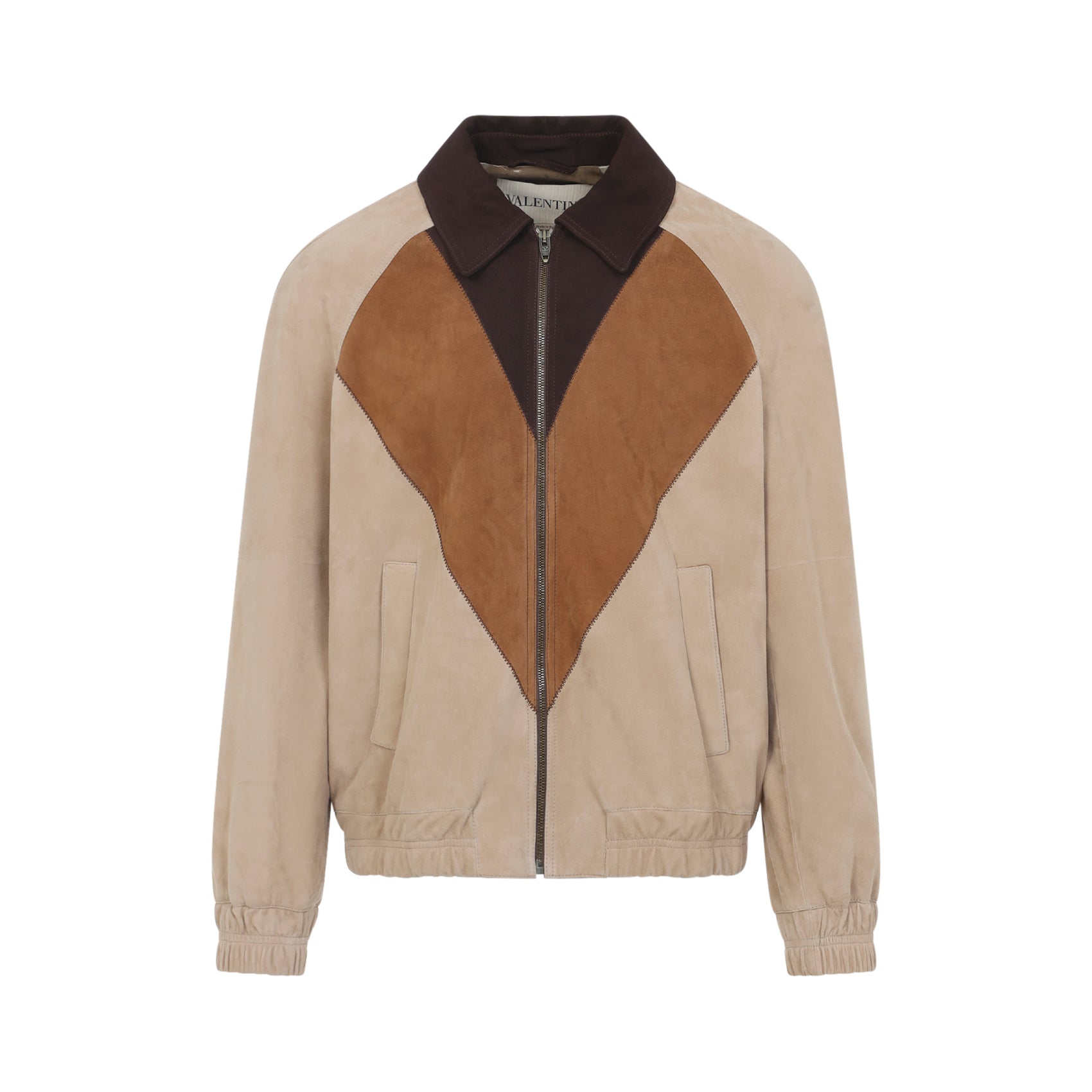 V-Shaped Color Block Jacket In Suede Leather