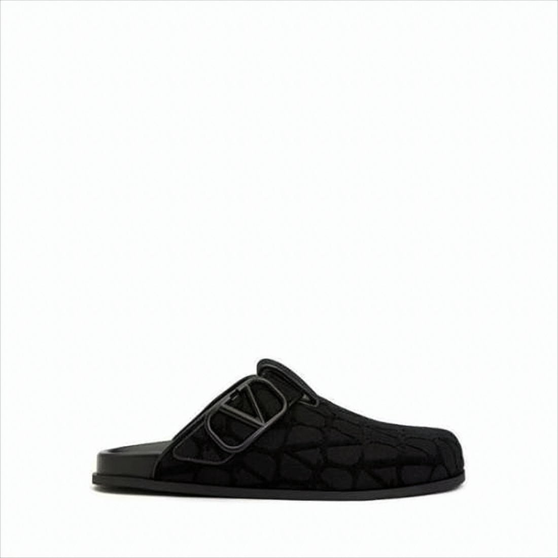 Textured Black Fabric Slip-On Mules