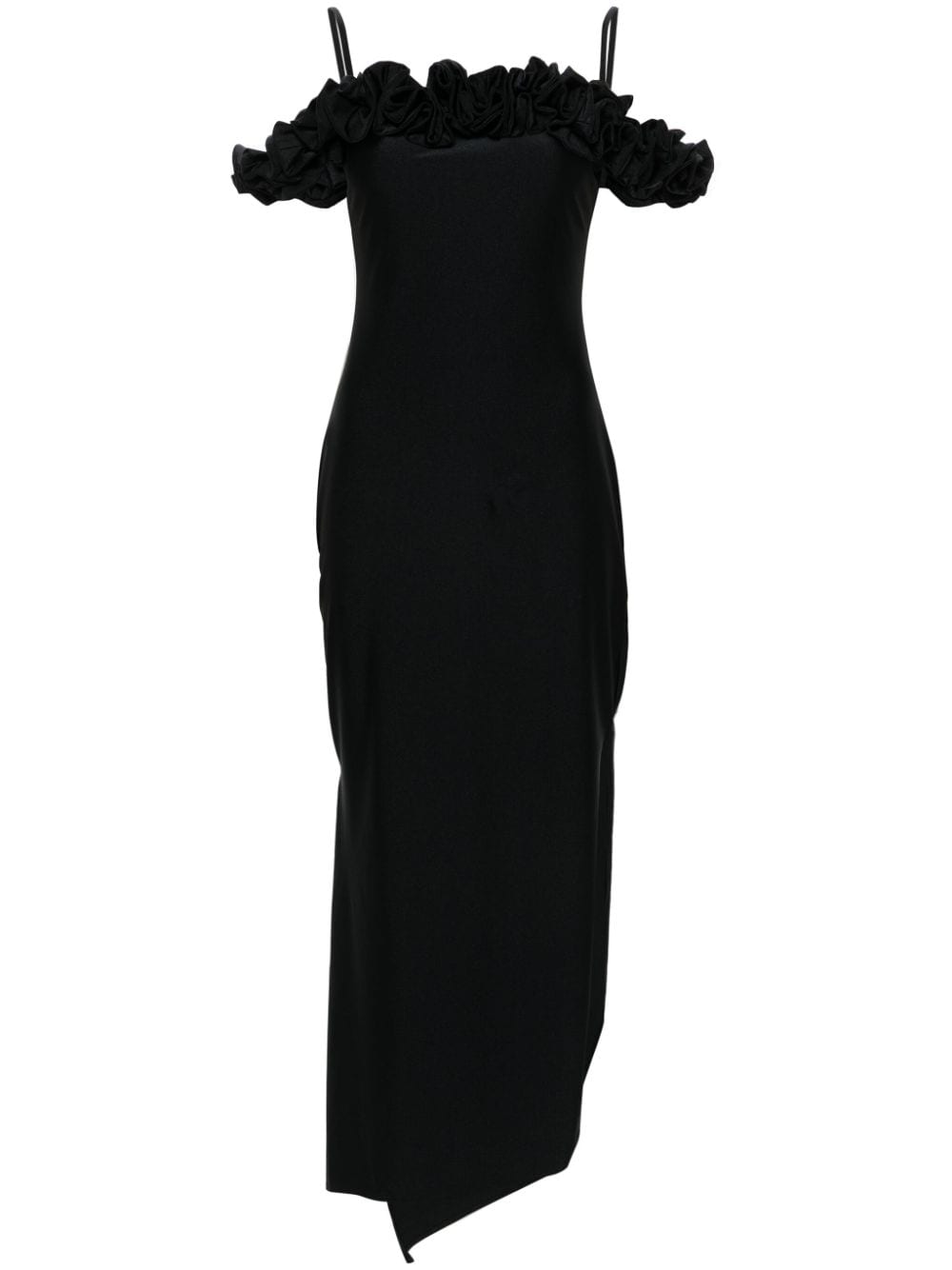 Ruffled Trim Black Midi Dress