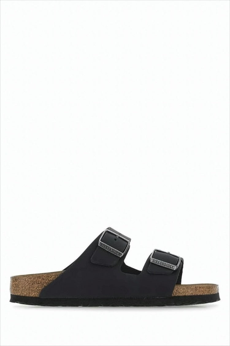 Two-Strap Black Leather Slide Sandals