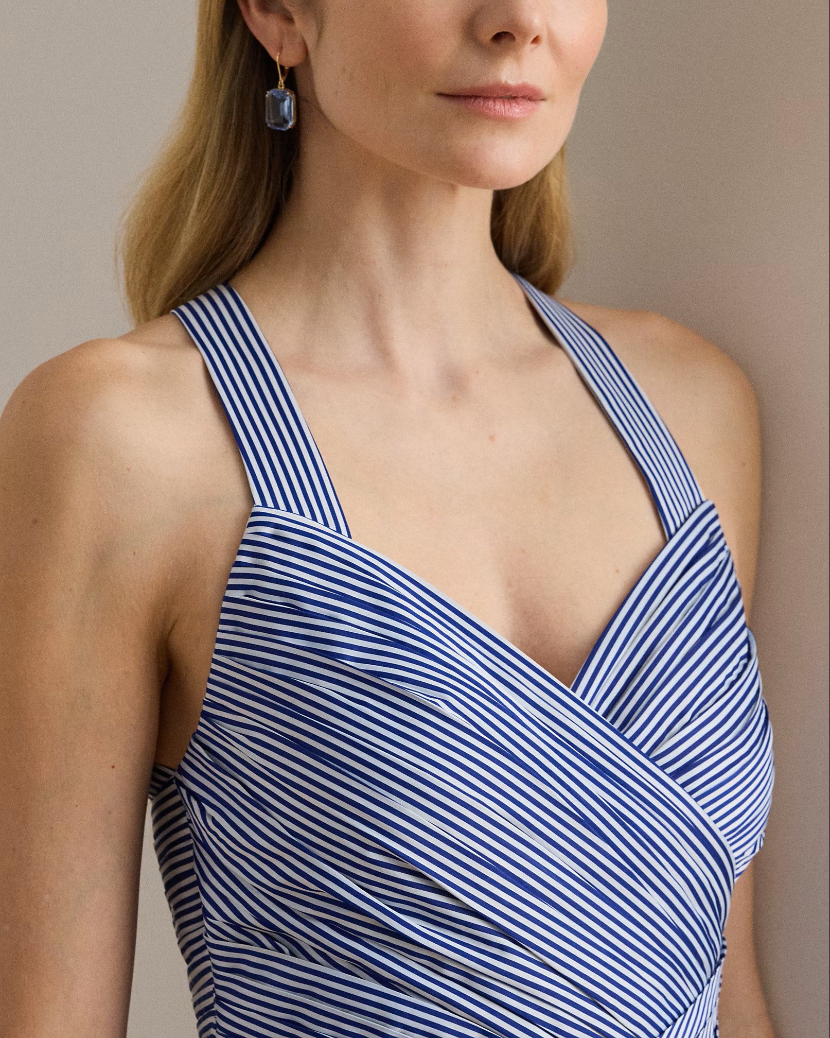 Navy Blue Woven Taffeta Evening Gown