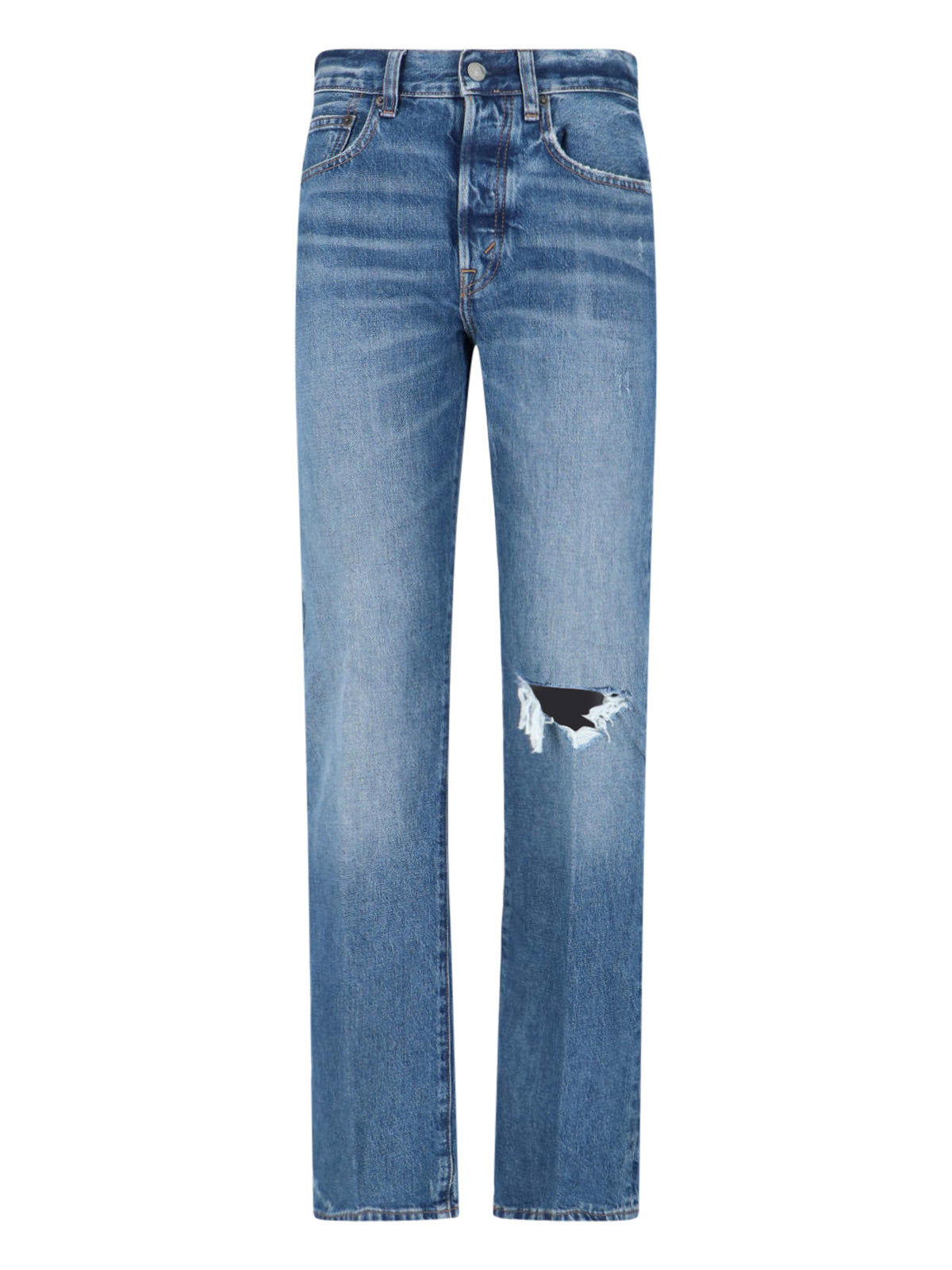 Blue High-Waisted Distressed Denim Jeans