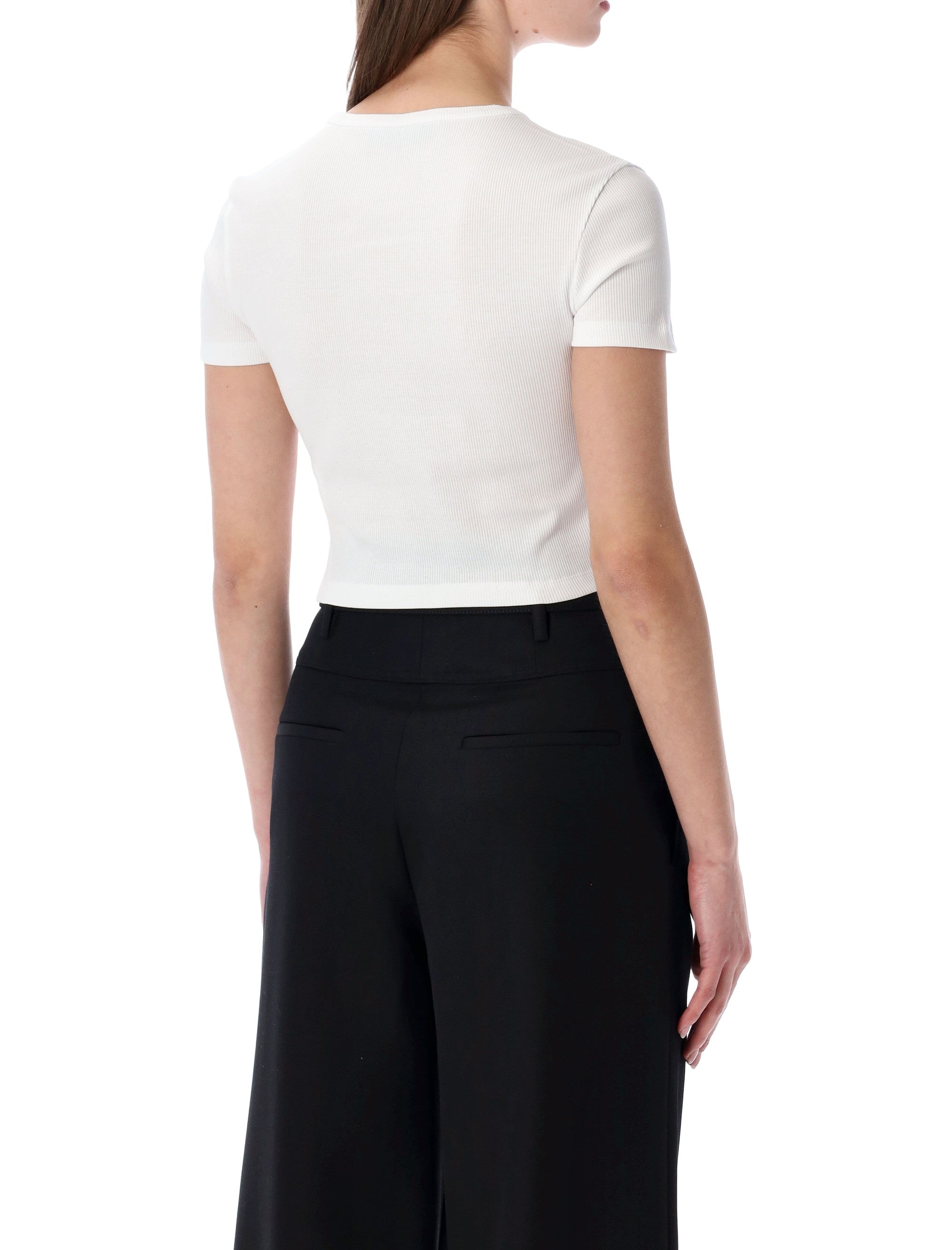 Cropped Slim Fit Ribbed Cotton T-Shirt with Embroidered Logo