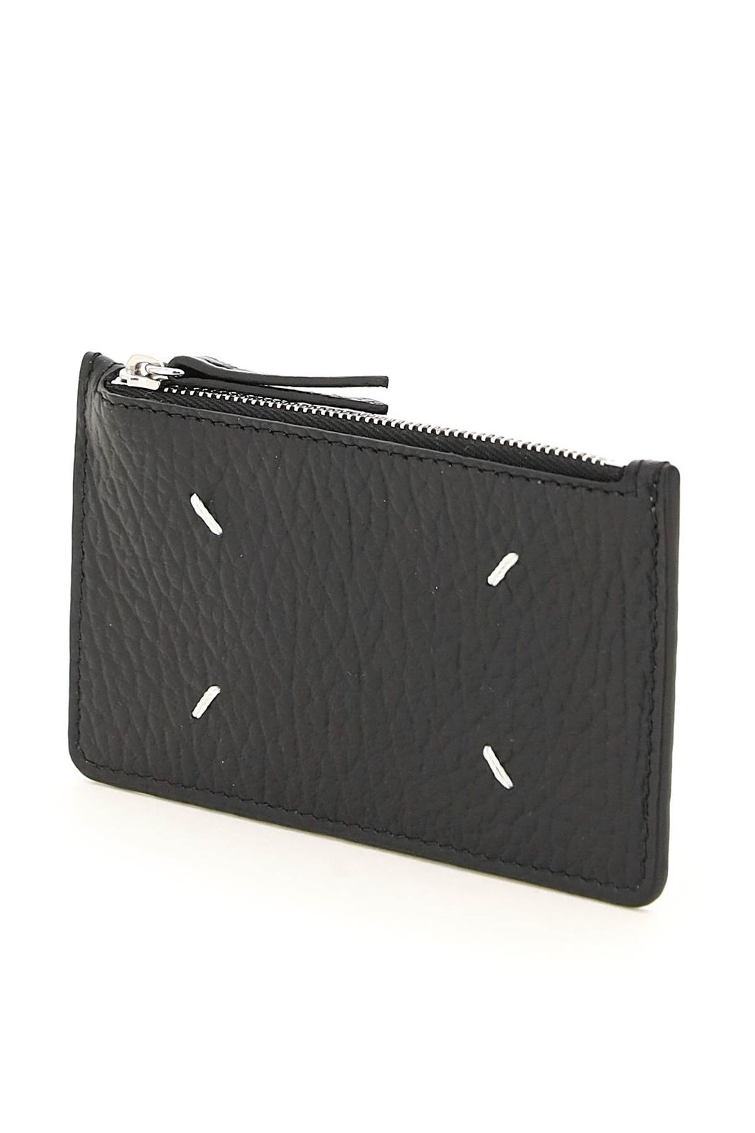 Textured Black Card Wallet With Zip Closure And Stitch Accents