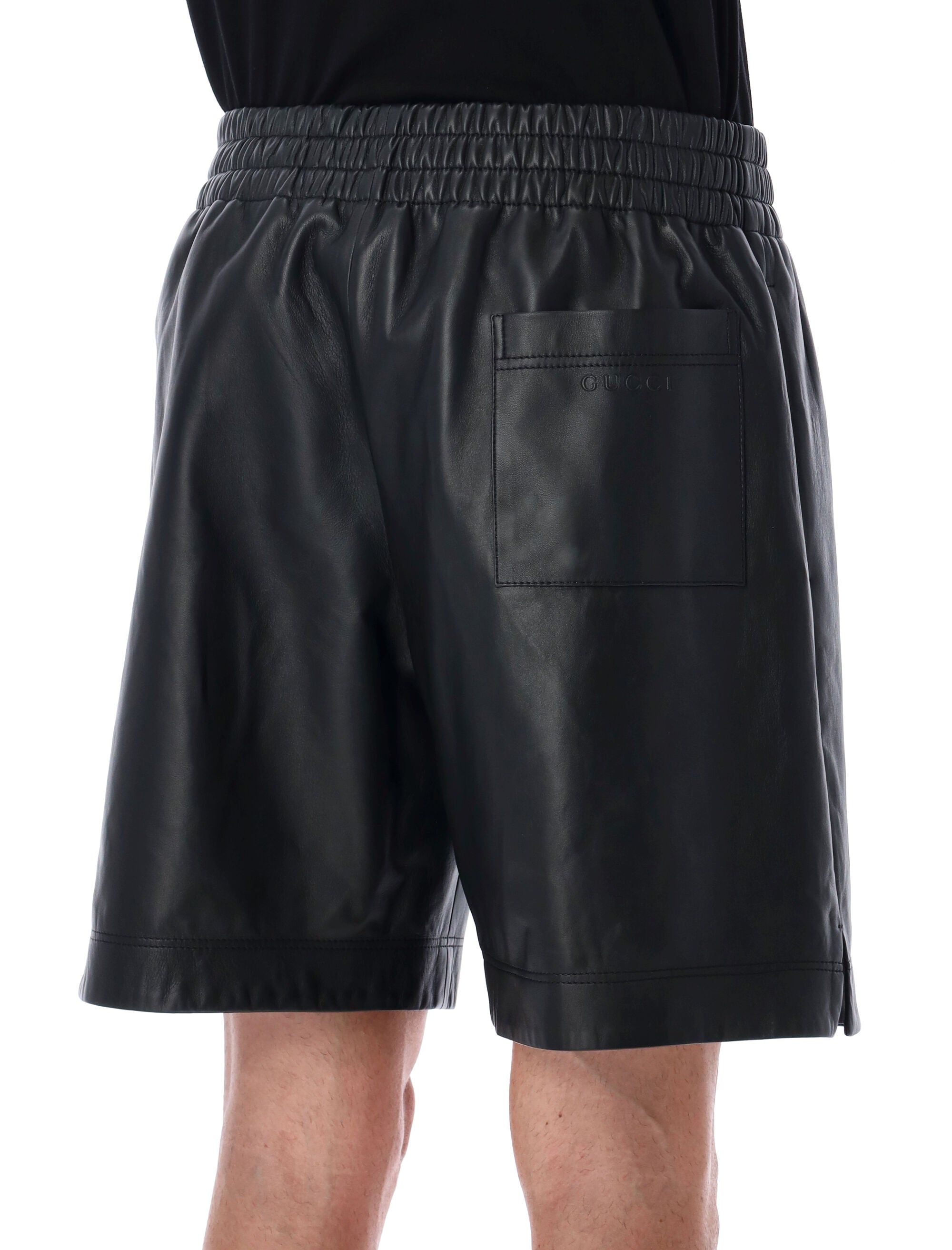 Black Leather Bermuda Shorts With Elasticated Waist