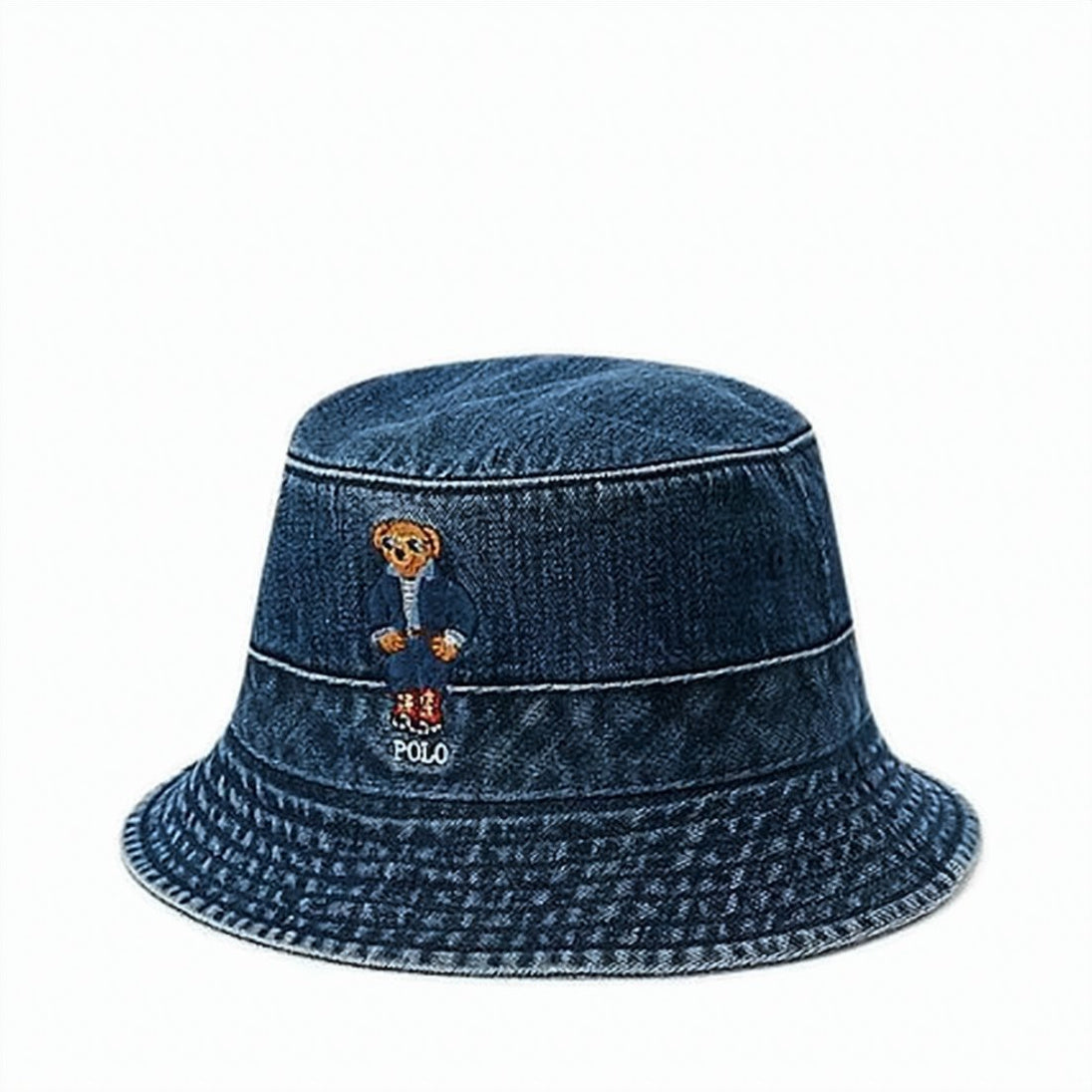 Denim Bucket Hat with Embroidered Bear Detail