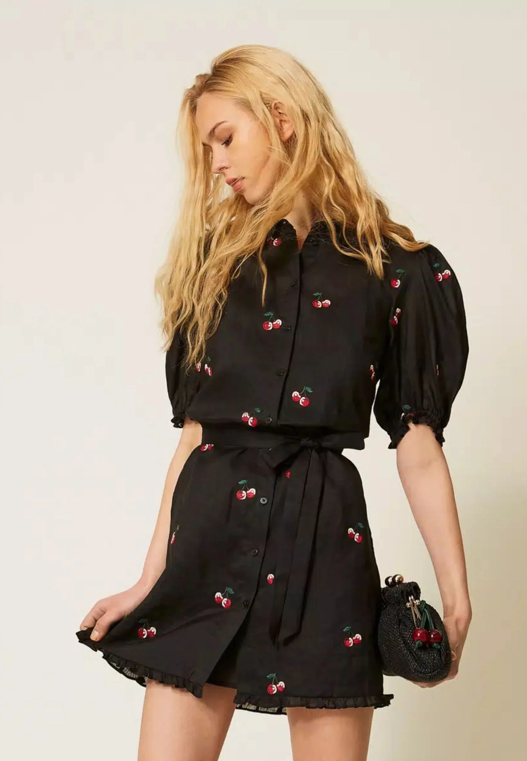 Playful Black Mini Dress with Ruffled Collar