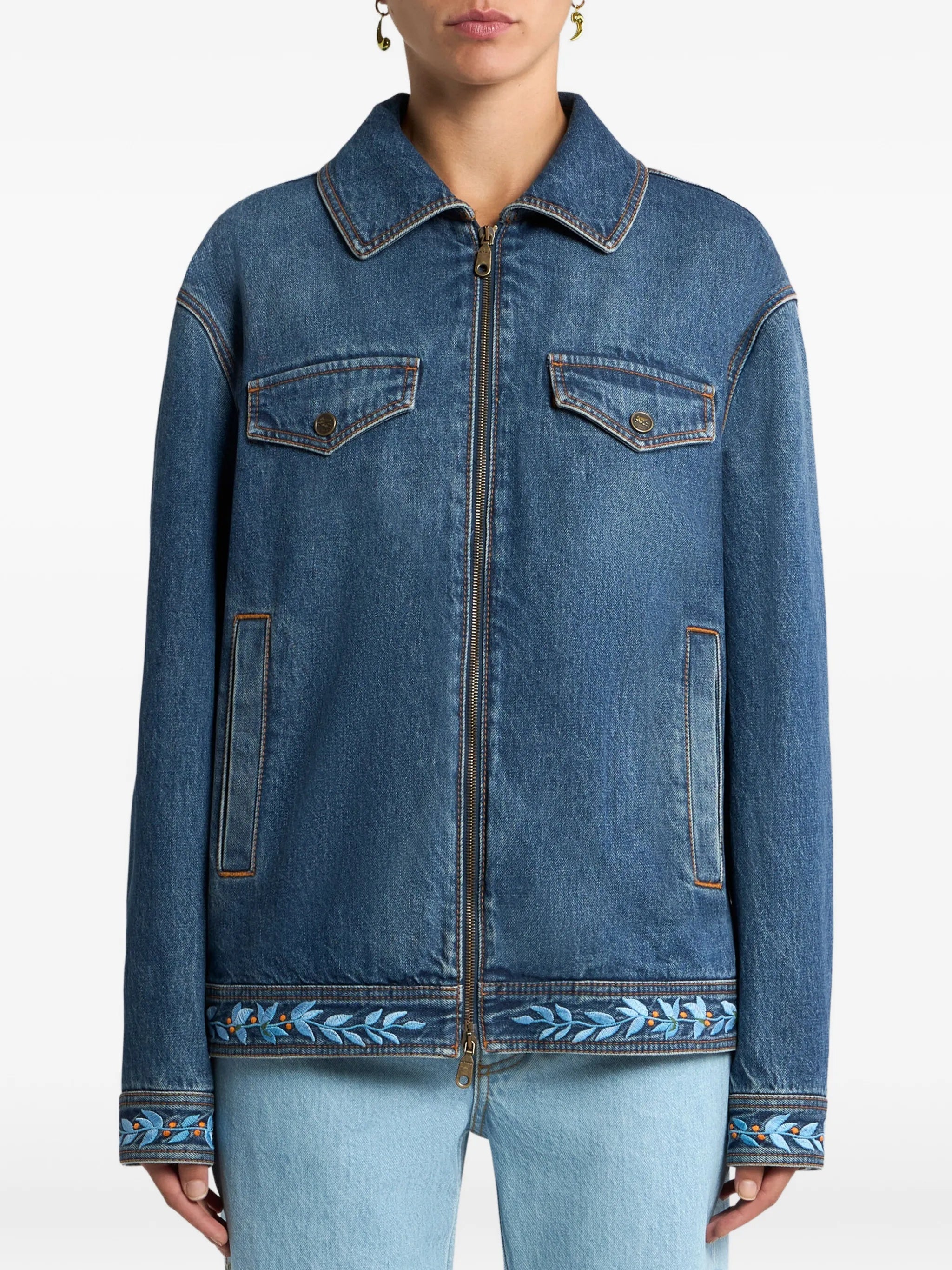 Loose Fit Denim Embroidered Bird Jacket