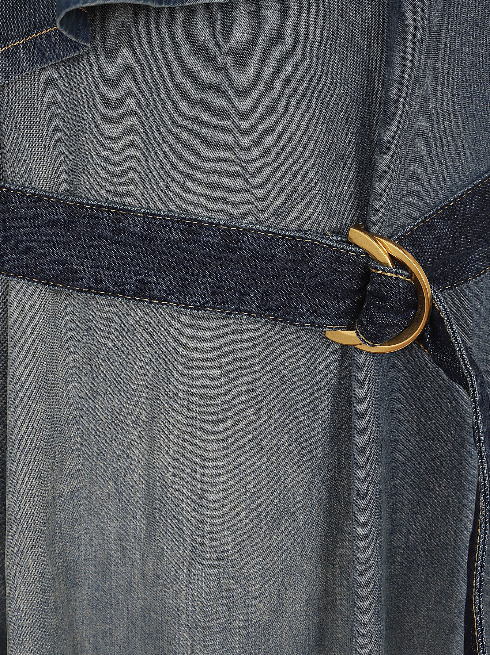 Denim Midi Dress with Ruffle Neckline