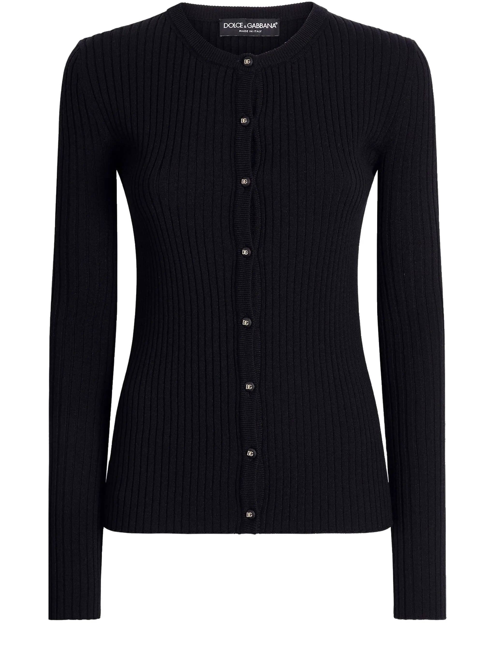 Black Finely Ribbed Wool Button Cardigan