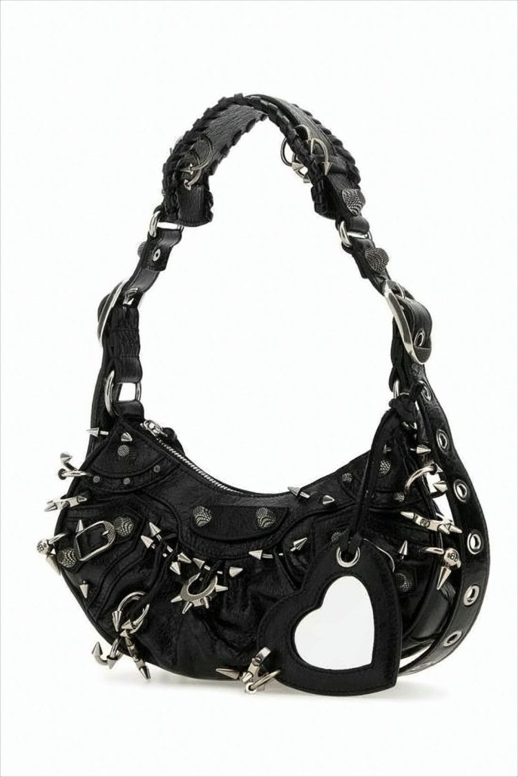 Edgy Black Leather Shoulder Bag with Metal Spikes and Heart Charm