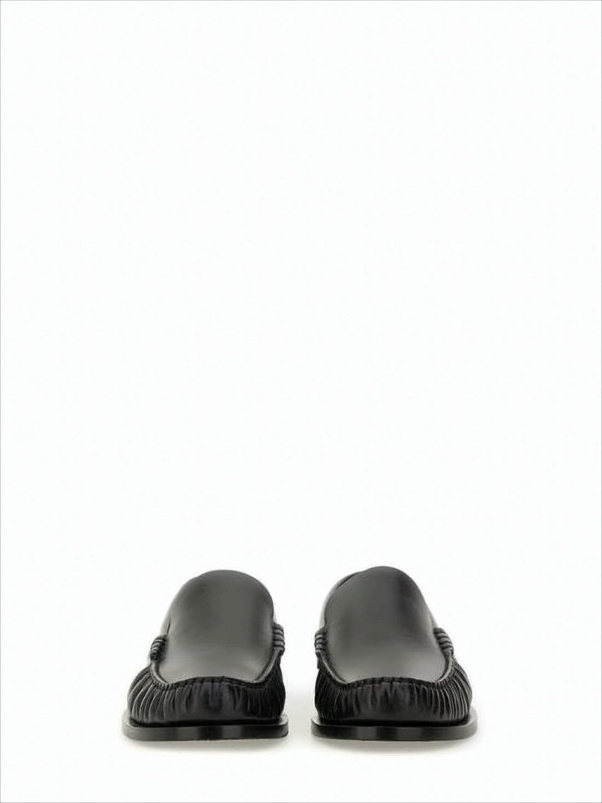 Smooth Calf Leather Black Loafers with Gathered Detail