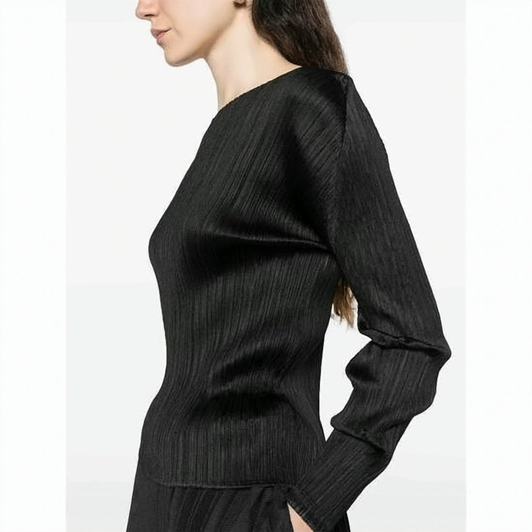Textured Pleated Black Long-Sleeve Top