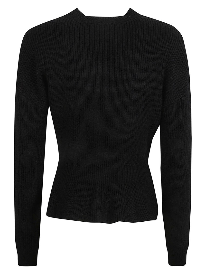 Ribbed Black Wool Sweater With Peplum Hem