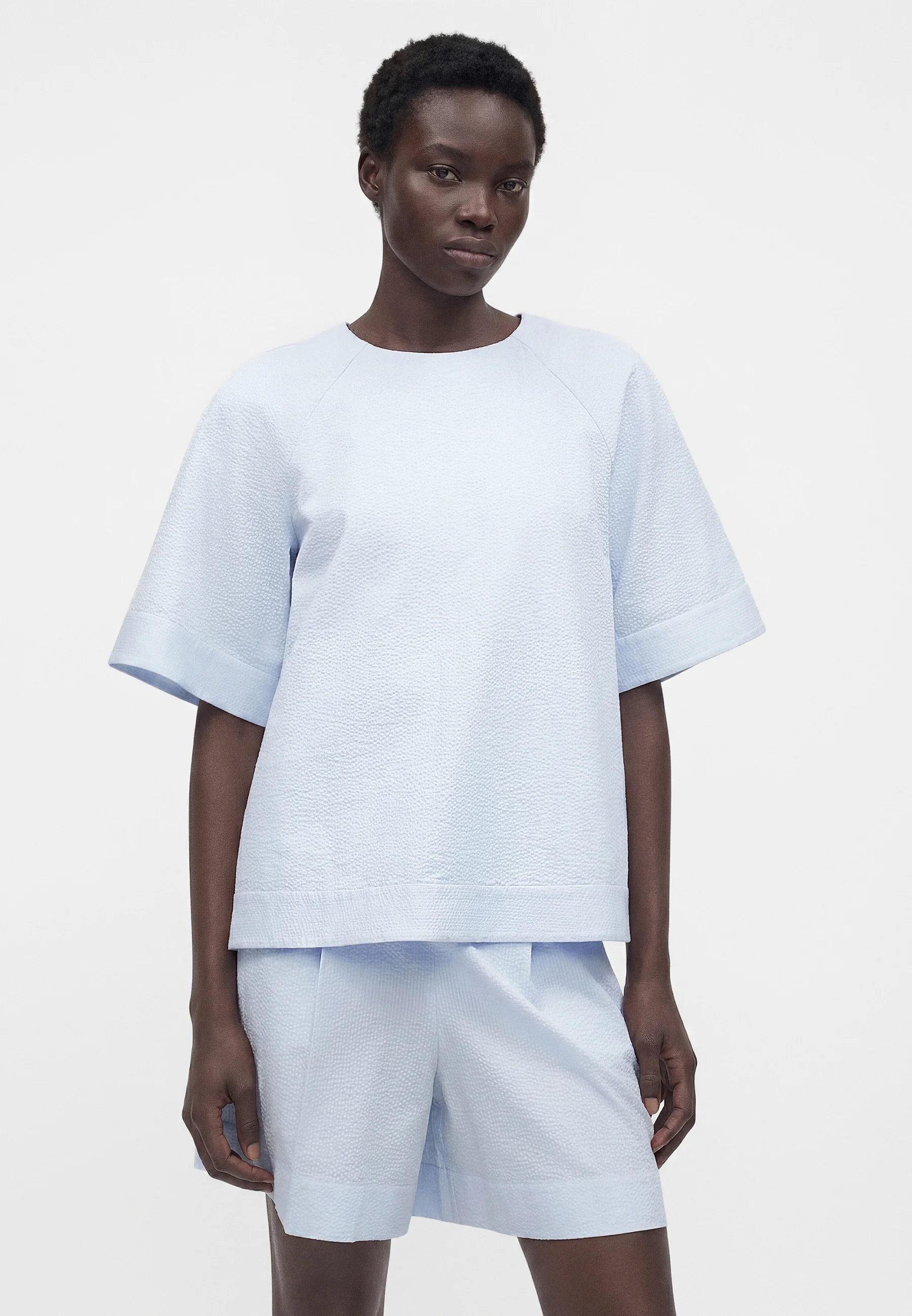 Boxy Short-Sleeved Top with Textured Fabric