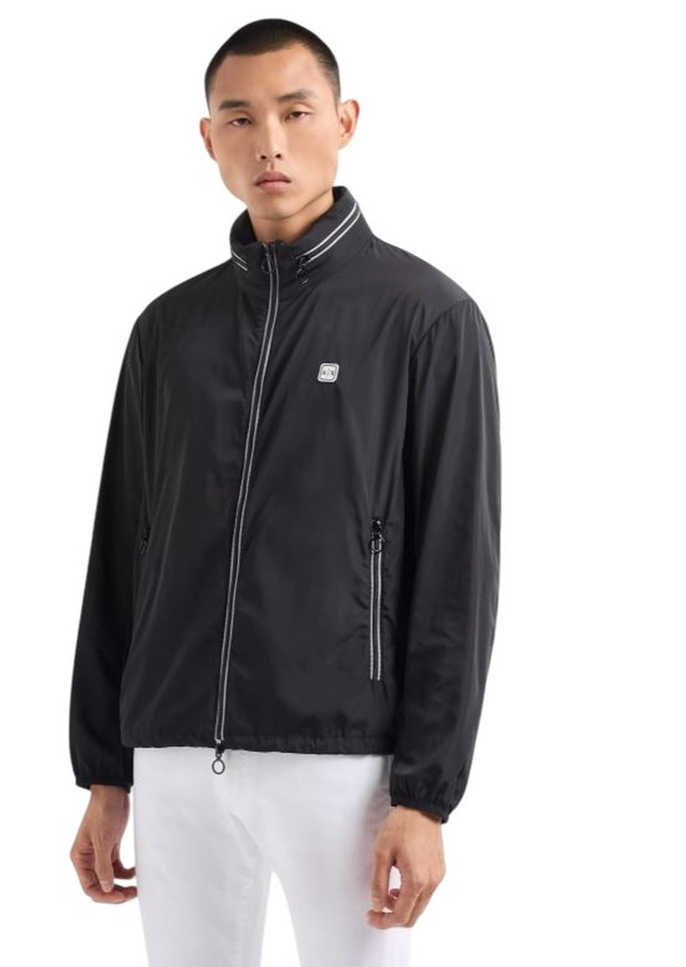 High Collar Zip-Up Coat With White Accents