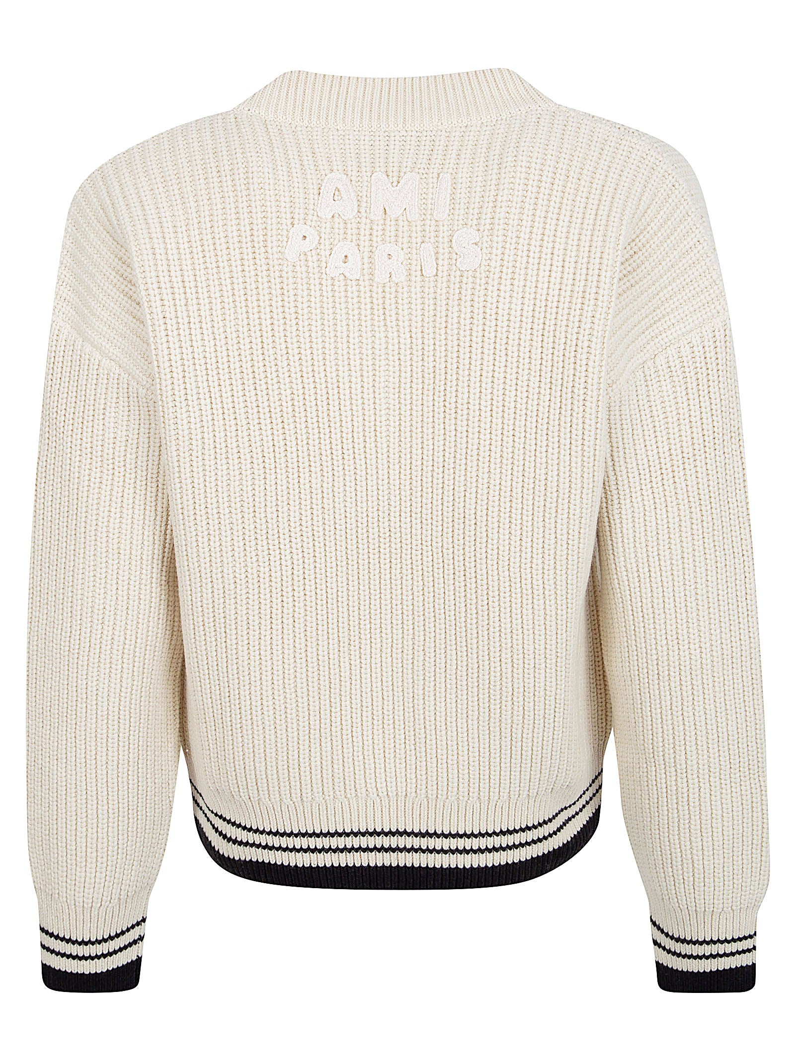 Ribbed Knitted Sweater with V-Neckline and Crochet Accents