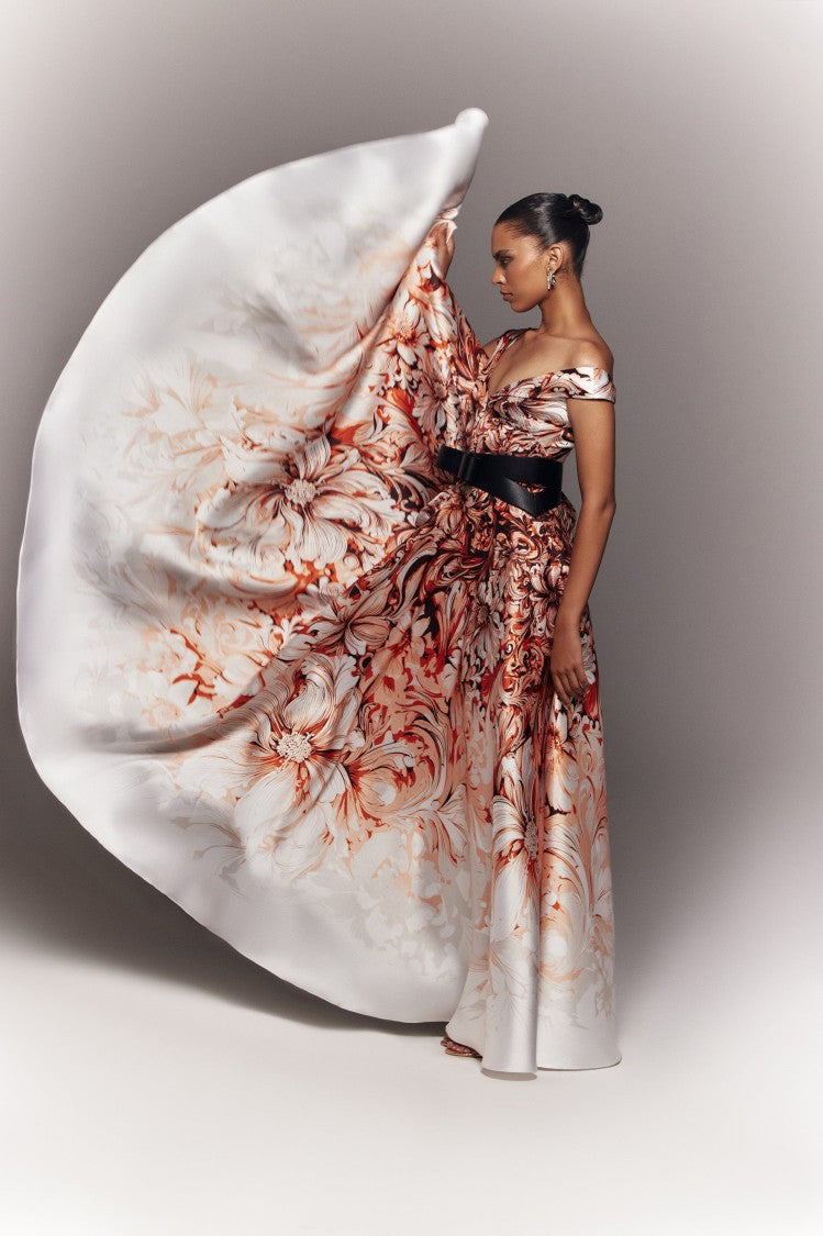 Mikado Printed Dress With Off-Shoulder Sleeves
