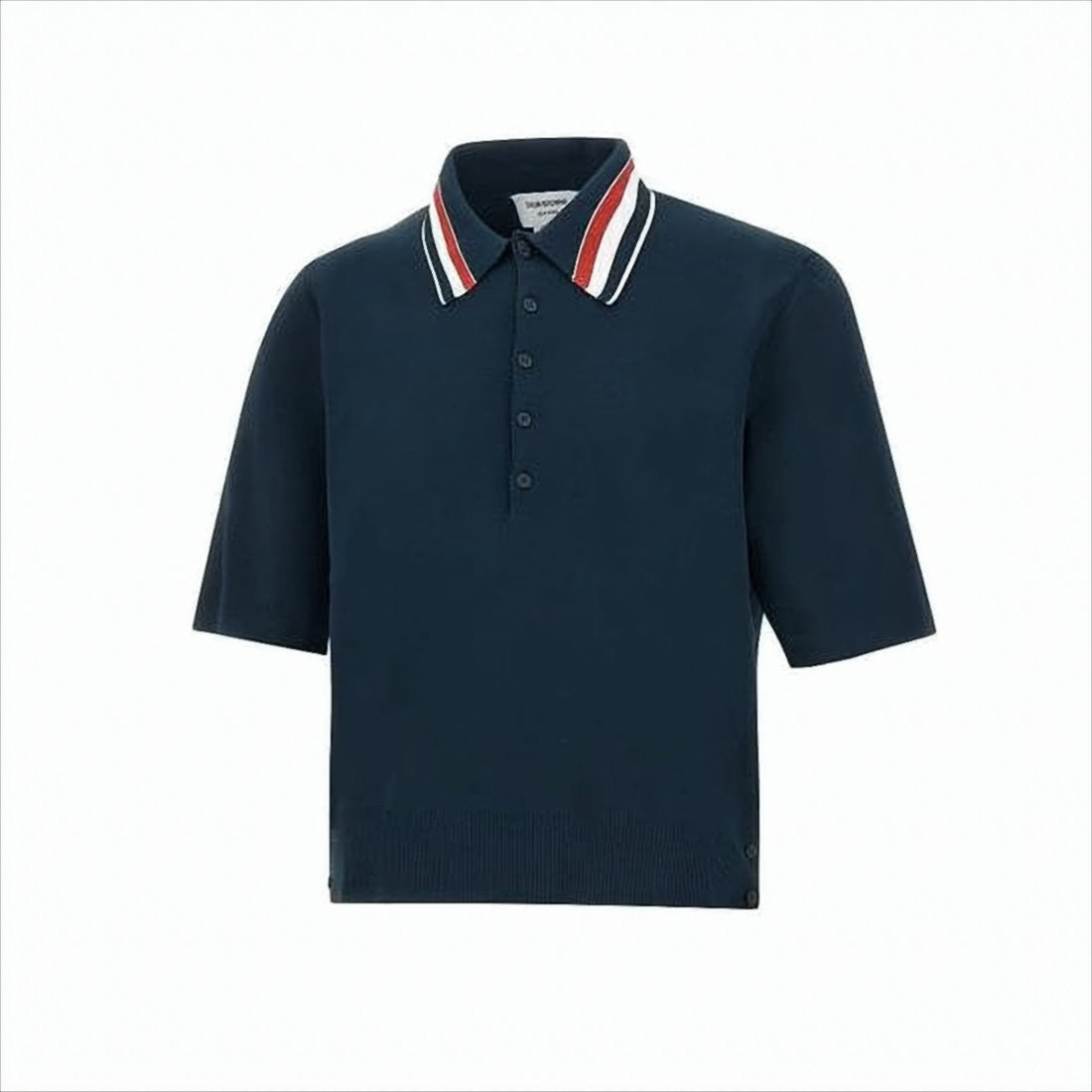 Navy Polo Shirt with Striped Collar and Side Button Details
