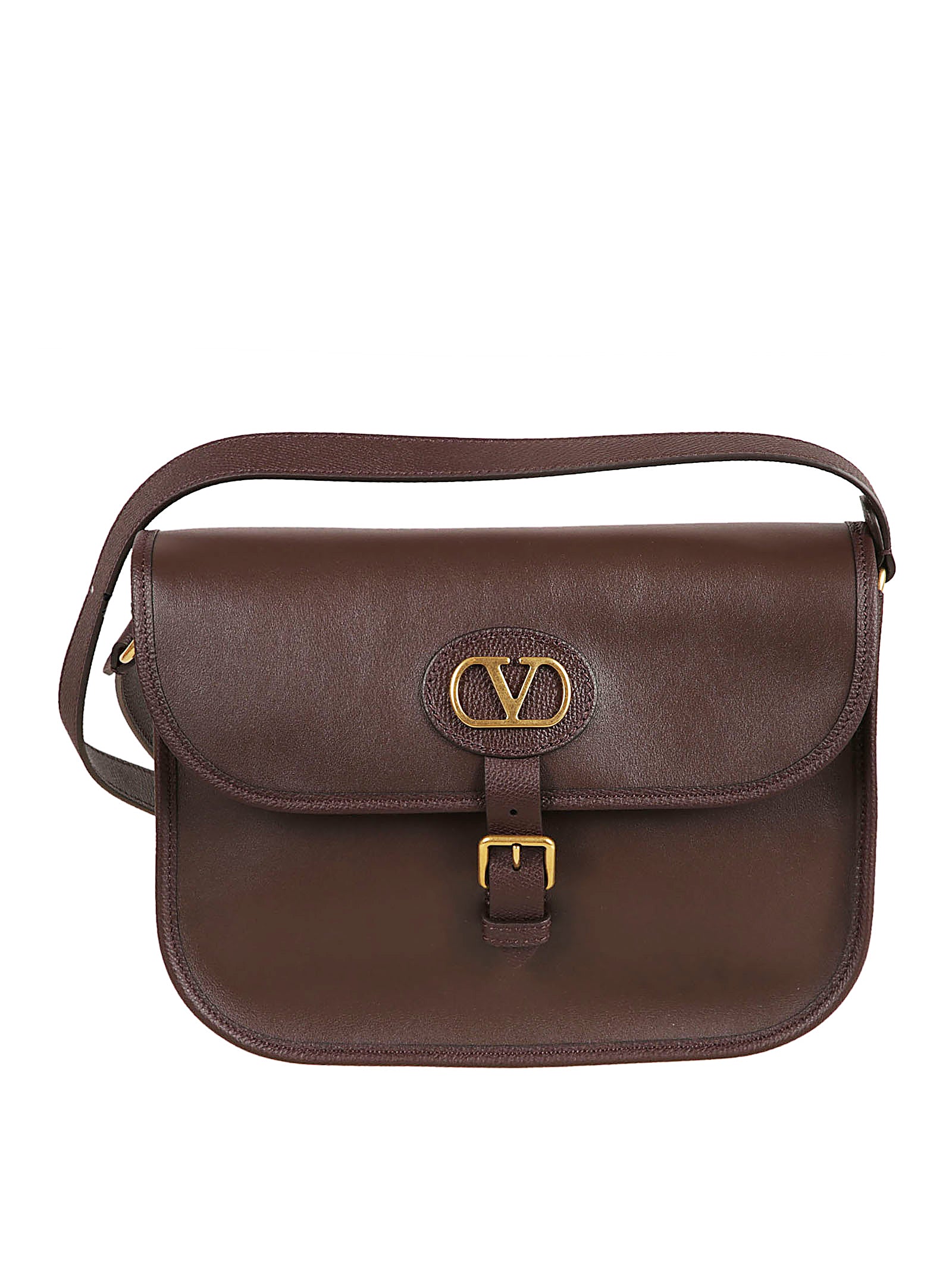 Structured Brown Calf Leather Crossbody Bag with VLogo Detail