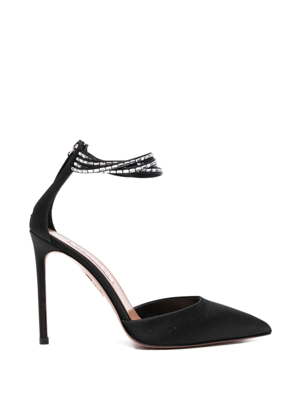 Pointed Toe Black Satin Ankle Strap Pumps