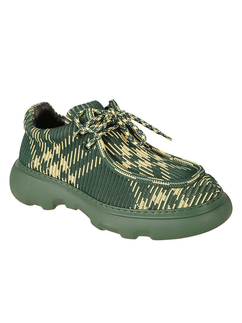 Textured Green And Beige Flat Shoes