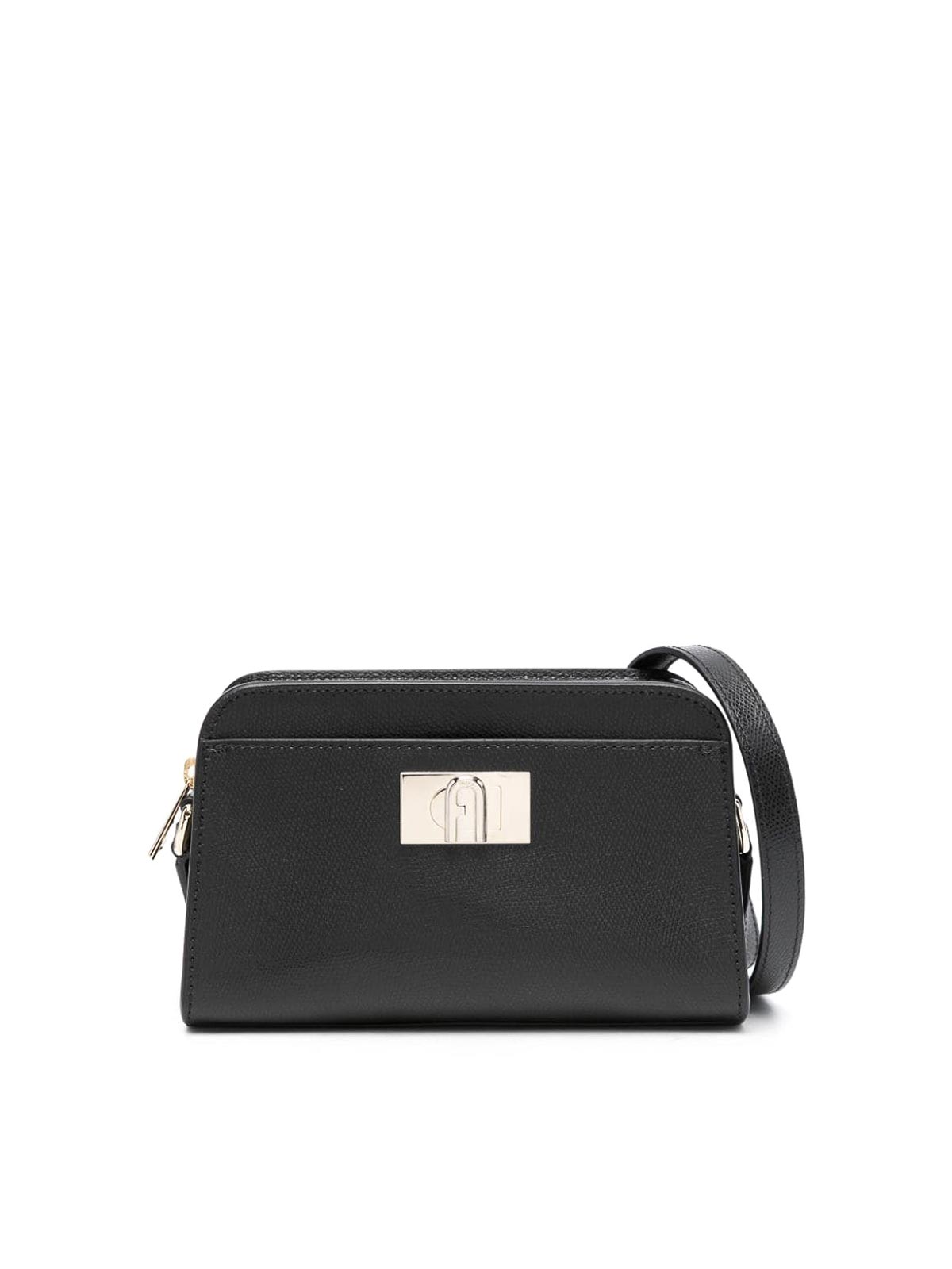 Black Leather Shoulder Bag with Zip Closure