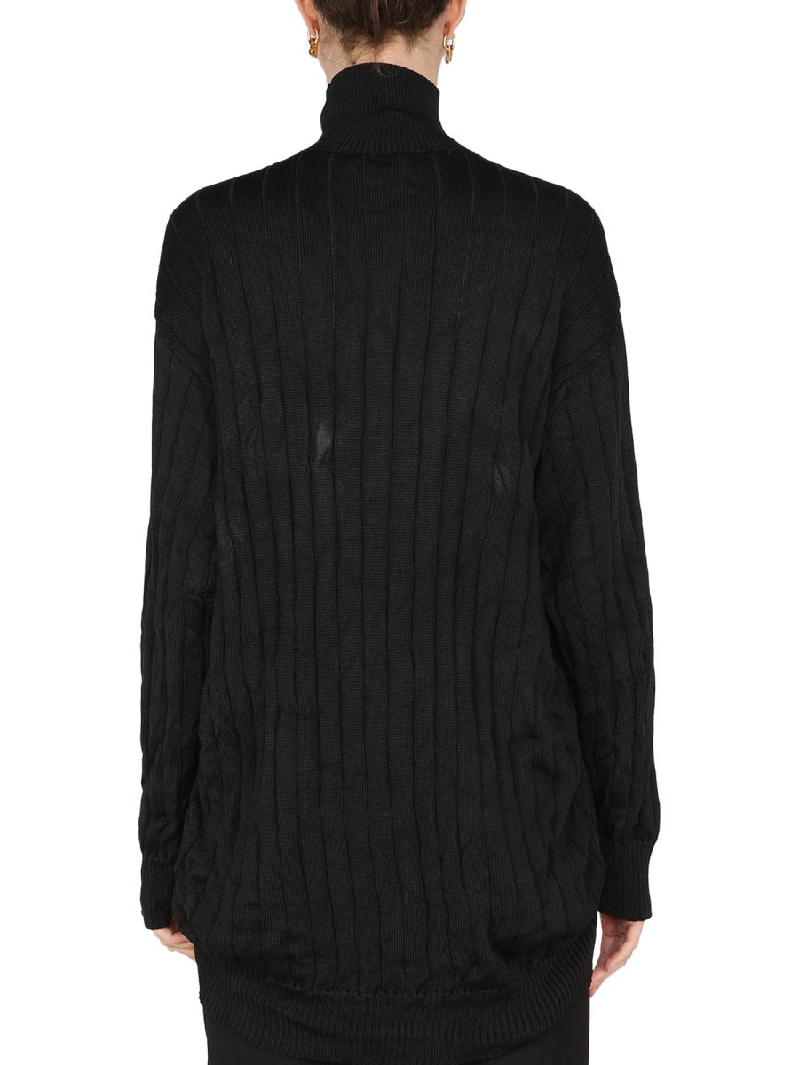 Ribbed Silk Knit Oversized Turtleneck Pullover
