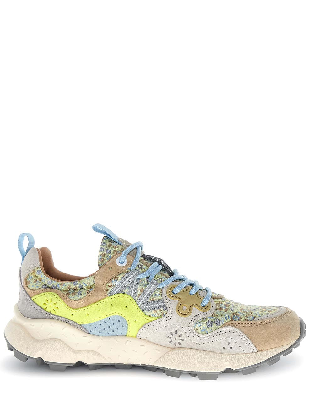 Floral-Patterned Sneakers with Suede Overlays and Chunky Sole