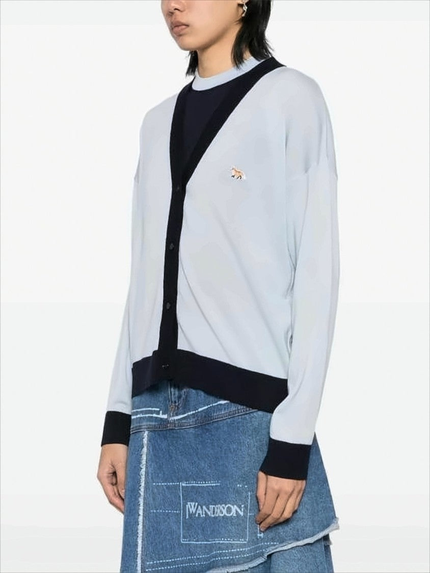 Wool Cardigan With Contrast Trim And Embroidered Emblem