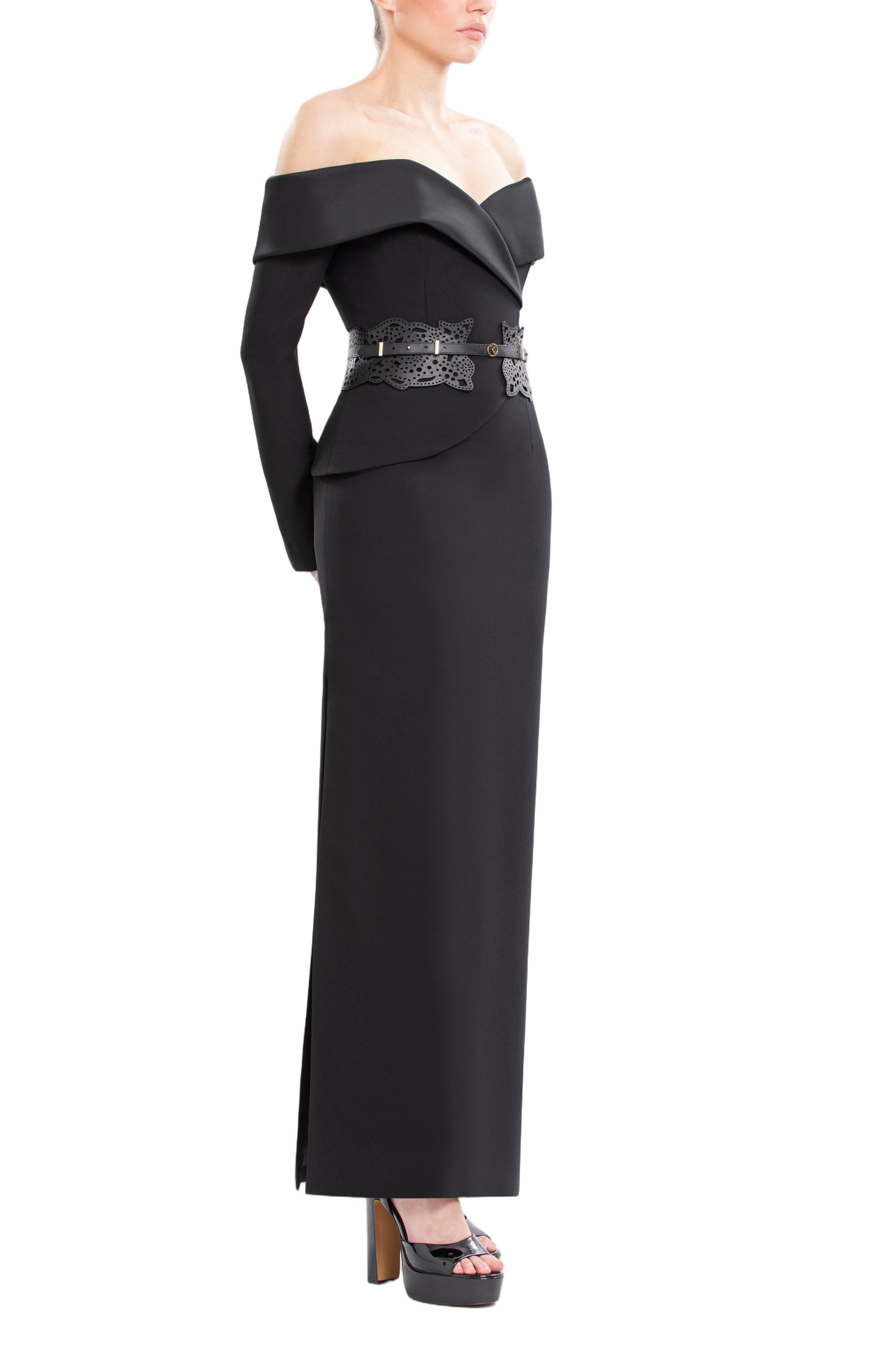 Off-Shoulder Crepe Midi Dress