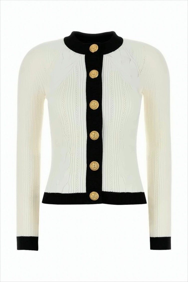 Fitted Cable Knit Cardigan with Gold Button Accents
